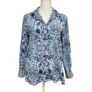 Joe Fresh Blue & White Floral Printed Button Down Long Sleeve Top